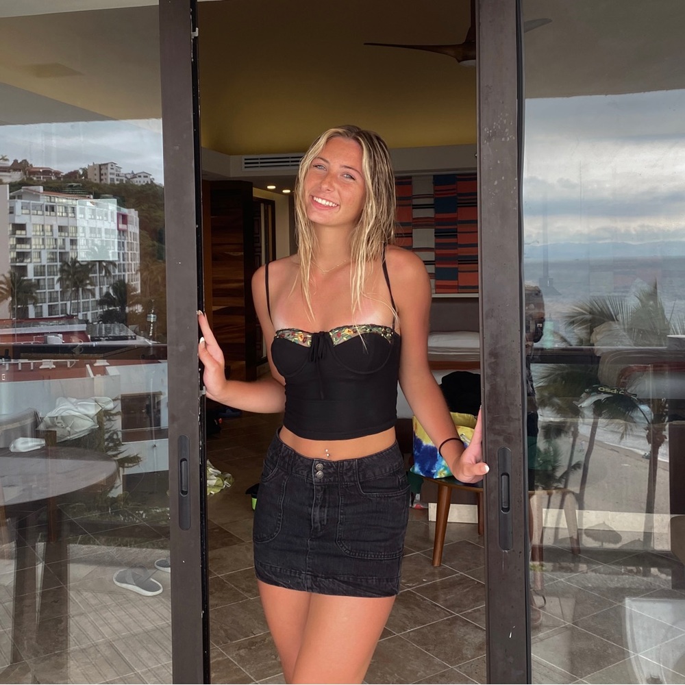 Black denim mini skirt